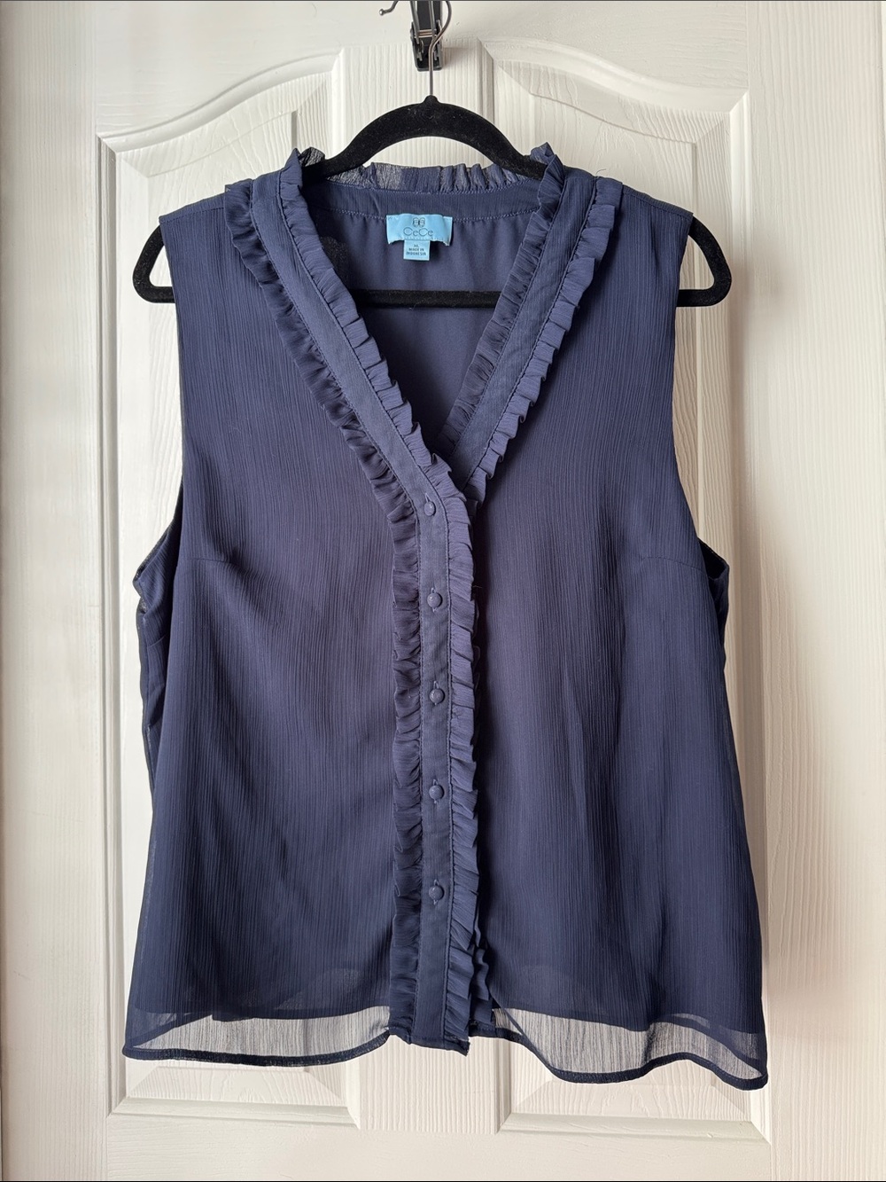 CeCe Navy Ruffle-Trim Sleeveless V-Neck Blouse